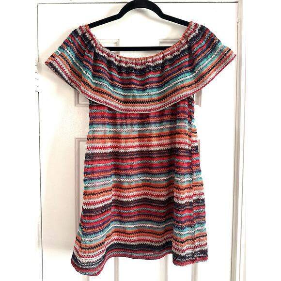 ND Striped Crochet Lace Knit Boho Peasant Off-Shoulder Top - Sz Small - Picture 3 of 3